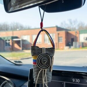 Handwoven Colombia Mini Hanging Bag - Black & White with Colombian Flag Accent